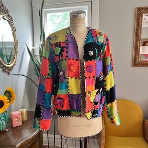 Vintage Patchwork Jacket‎ Colorful Abstract Art Statement Piece by Crystal - L